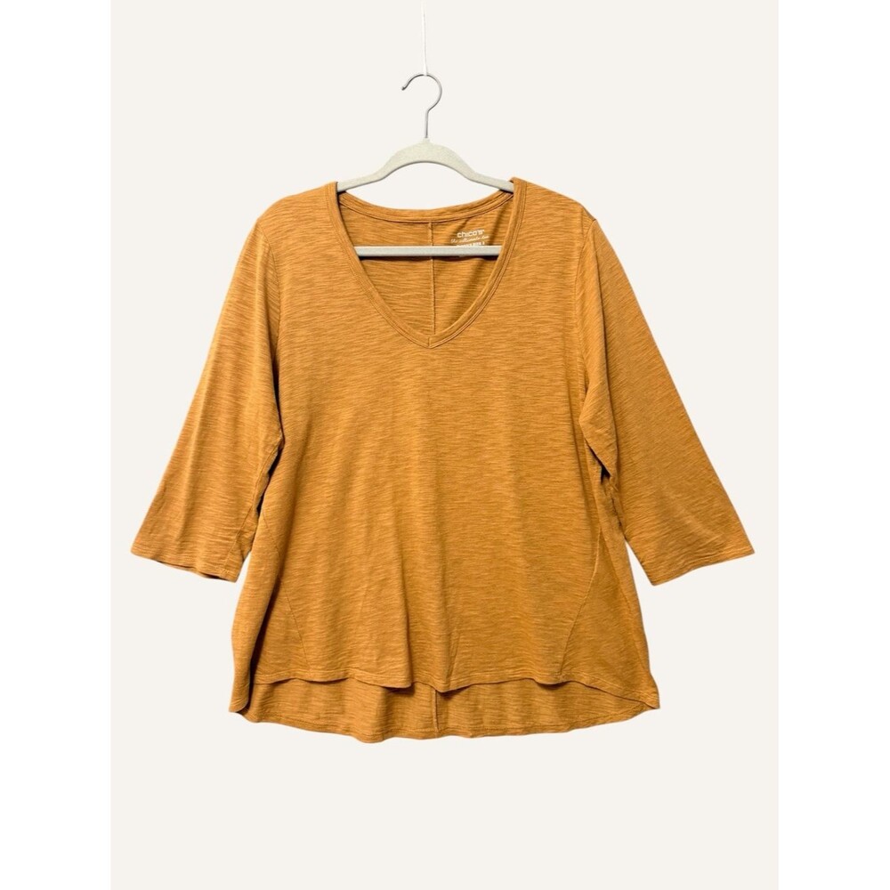 Chico's V-Neck 3/4 Sleeve Slub Knit Tunic Tee Size (2) Large Tan Swing Style